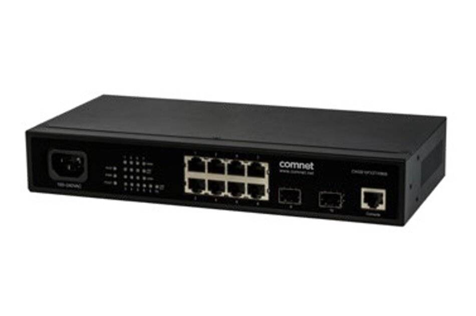 Black Comnet Rack-Mount-Netzwerk-Switch mit mehreren Ethernet-Anschlüssen und Status-LEDs auf weißem Hintergrund.