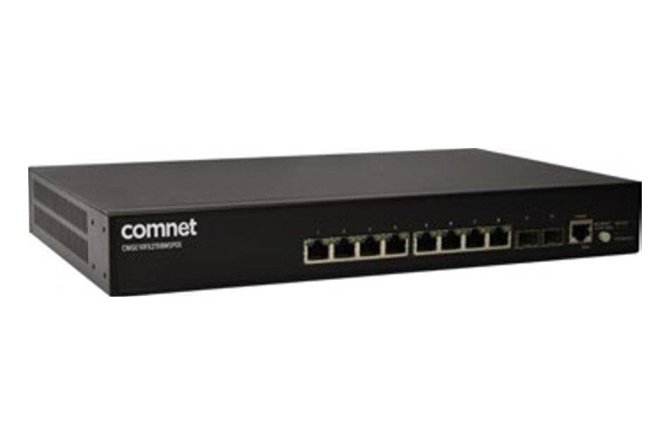 Schwarzer Comnet-Netzwerk-Switch mit mehreren Ethernet-Anschlüssen auf weißem Hintergrund dargestellt.