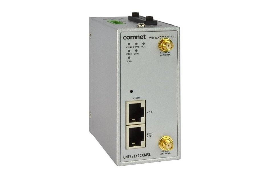 Vorderansicht eines ComNet Industrial-Ethernet-Geräts mit zwei RJ45-Anschlüssen und zwei Antennensteckern, dargestellt auf weißem Hintergrund.