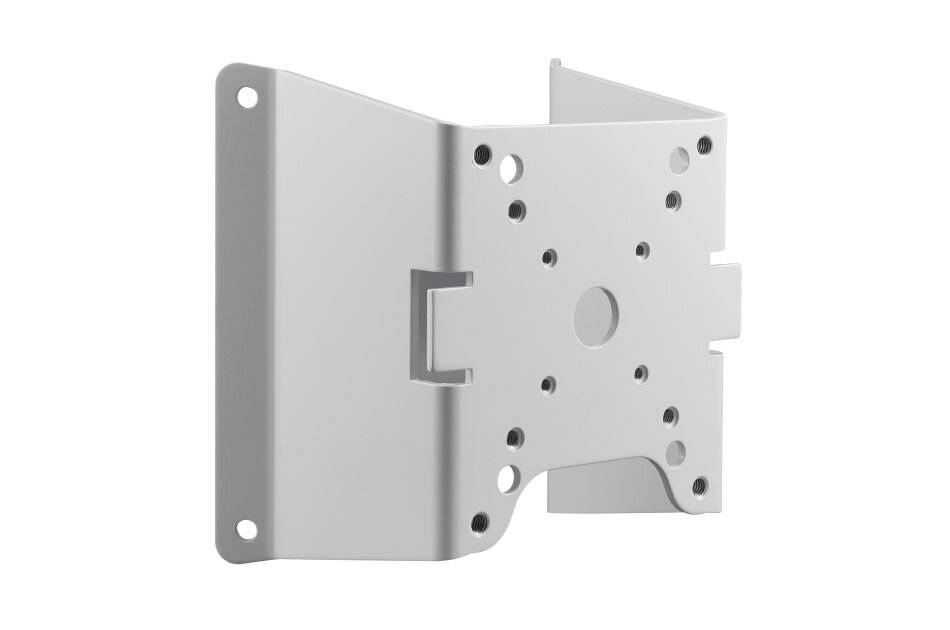 Silberfarbige Metall-Wandhalterung mit mehreren Schraubenlöchern und einer zentralen Scharniers-/Verriegelungslasche, dargestellt auf weißem Hintergrund.