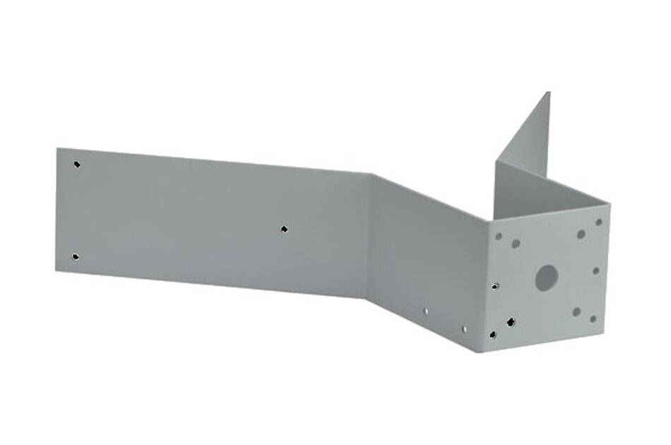 Graubeschichtete Montageklammer aus Metall mit abgewinkeltem, gefaltetem Arm und gelochter Endplatte, dargestellt vor weißem Hintergrund.