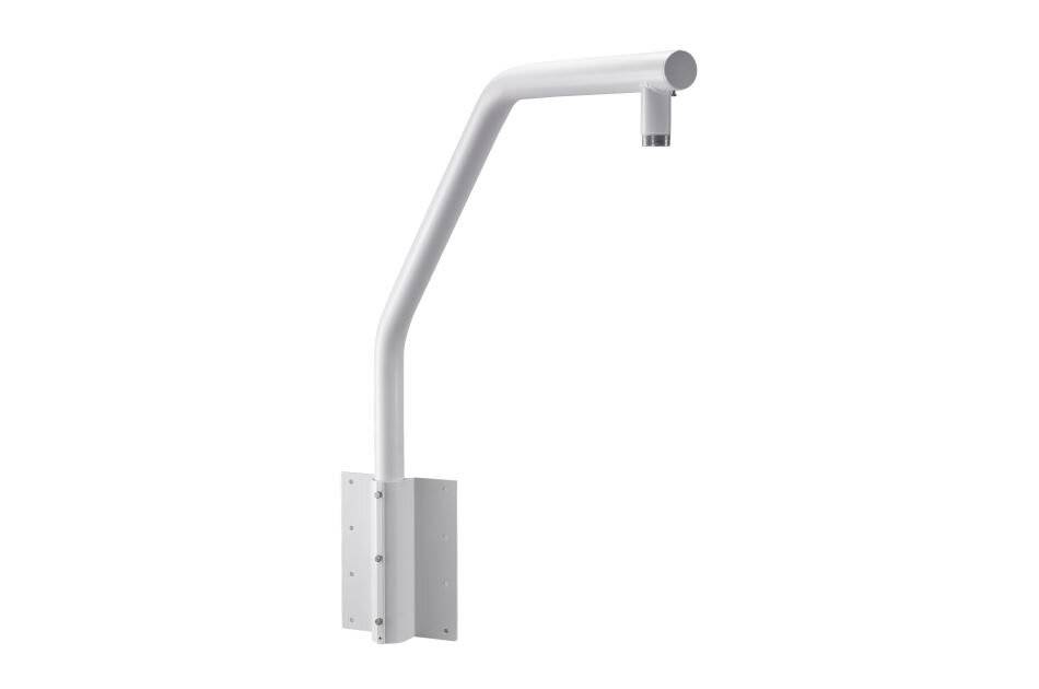Weißes Metallwandarmsystem oder Halterung mit gebogenem Rohrstiel und abgewinkelter Grundplatte auf neutralem Hintergrund.