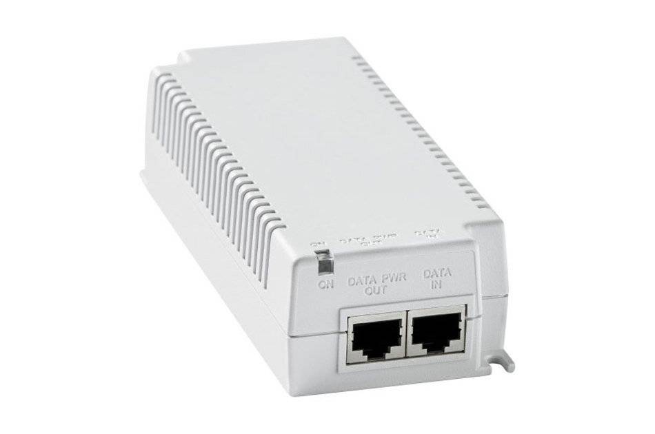 Weiße Ethernet-Daten-/Stromverteilbox mit zwei vorderen Anschlüssen mit den Bezeichnungen „DATA PWR OUT
