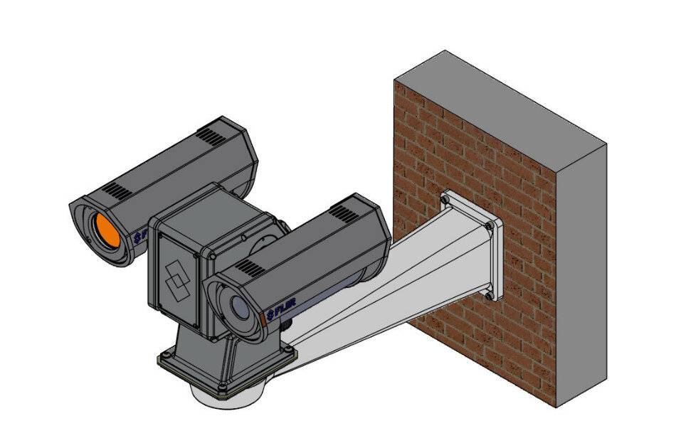 Illustration einer Dual-Kamera-Überwachungseinheit, die auf einer Wandhalterung montiert ist, mit zwei zylindrischen Kameras, die von einer Ziegelmauer nach außen gerichtet sind.