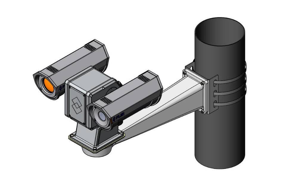 3D CAD-Darstellung von zwei Industriekameras, die auf einem verstellbaren Arm angebracht sind, der an einer zylindrischen Stange befestigt ist, mit einer Überwachungs- oder Inspektionskameraanordnung.
