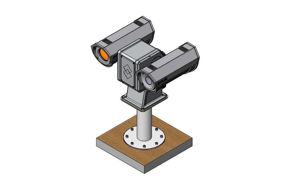3D-Darstellung einer Dual-Kamera-Überwachungs- oder Inspektionseinheit, die auf einem Mast und quadratischer Basis montiert ist, mit zwei zylindrischen Kameras, die in verschiedene Richtungen ausgerichtet sind.