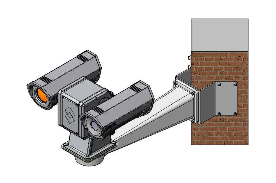 3D-Illustration eines Dual-Kamera-Sicherheitssystems auf einer Wandhalterung, mit zwei Bullet-Kameras, die an einer Halterung befestigt sind, und einem Stützarm, der sich von einer Ziegelsteinwand erstreckt.