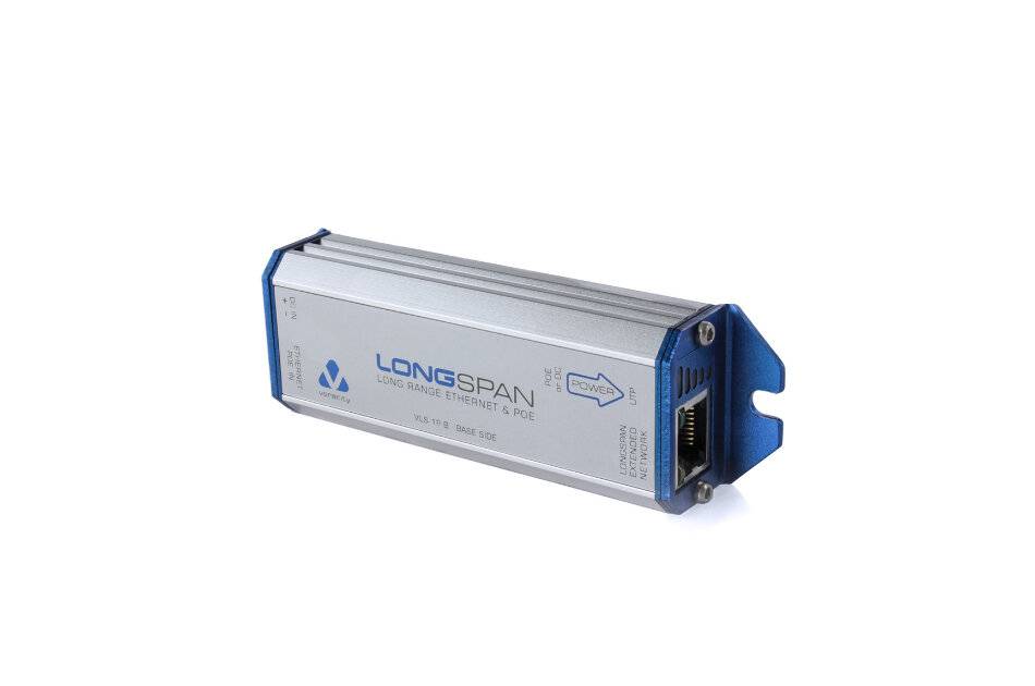 Silber LongSpan Breitband-Router oder Netzwerkgerät in der Produktansicht auf weißem Hintergrund, mit sichtbarem Ethernet-Anschluss.