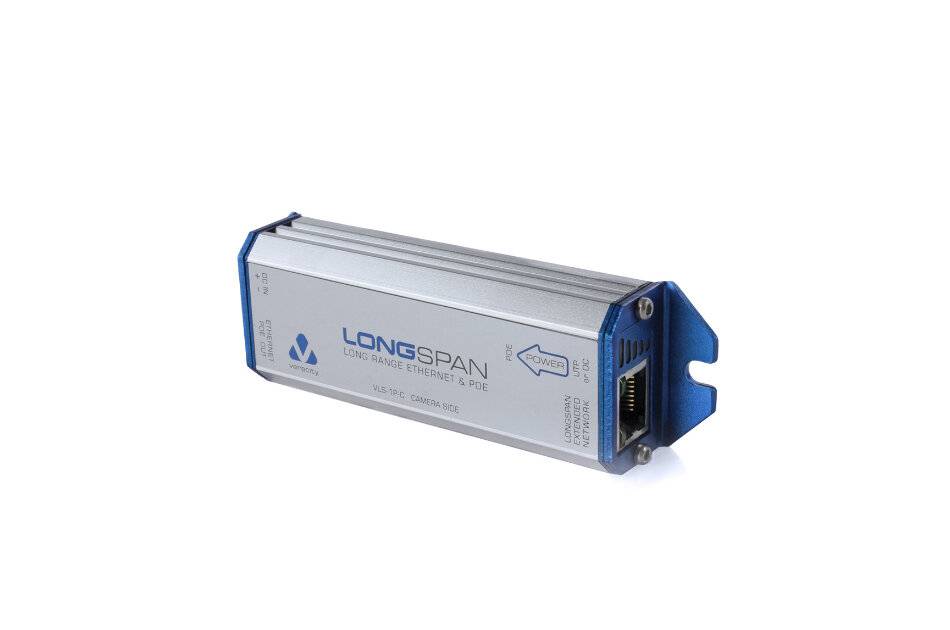 Silber-Longspan-Netzwerkenergiegerät mit Ethernet-Anschluss und blauen Endkappen, abgebildet auf weißem Hintergrund.