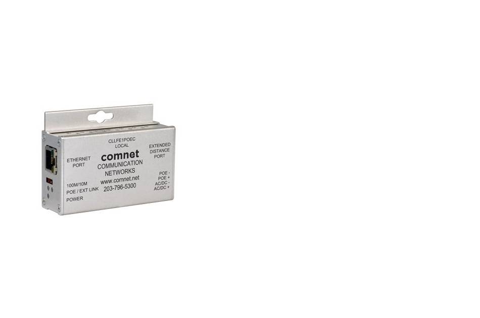 Kleines silbernes Netzwerkgeräte-Modul mit Ethernet-Anschluss und beschrifteten Status-/Stromversorgungsindikatoren, gezeigt vor weißem Hintergrund.