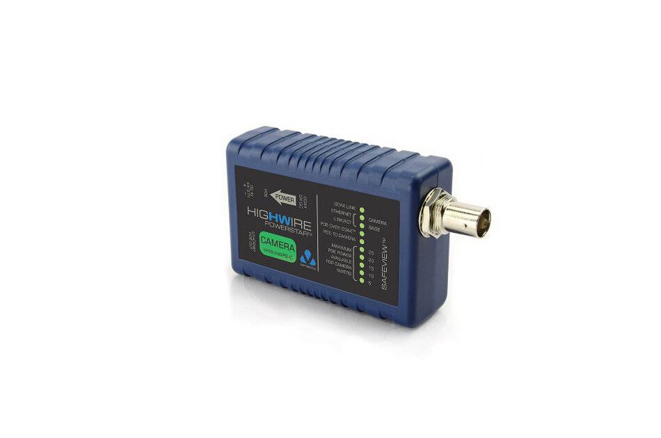 Blaugrauer Koaxialkabel-Testgeräte mit BNC-Stecker und LED-Statusanzeigen, dargestellt auf weißem Hintergrund.