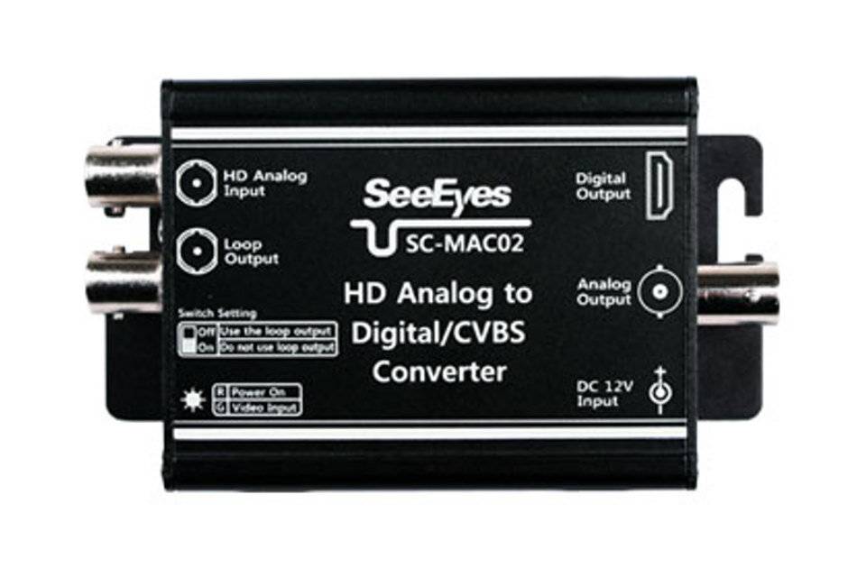 SeeEyes SC-MAC02 HD-Analog-zu-Digital-/CVBS-Konvertierbox mit gekennzeichneten Ein- und Ausgangsanschlüssen für Schleife, digitale Ausgabe, analoge Ausgabe und 12V-DC-Stromversorgung.