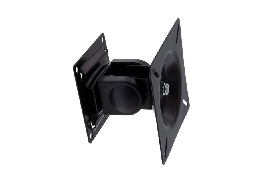 Schwarze verstellbare Wandhalterung mit zwei quadratischen Platten und einem zentralen Drehgelenk, dargestellt auf weißem Hintergrund.