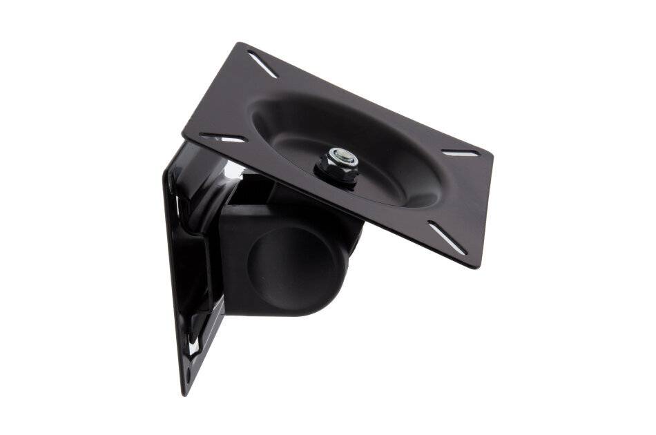 Das Bild zeigt einen schwarzen Metallhalter mit einer gewinkelte, verstellbaren kreisförmigen Halterung, die zum Befestigen und Positionieren von Geräten oder Objekten konzipiert ist.