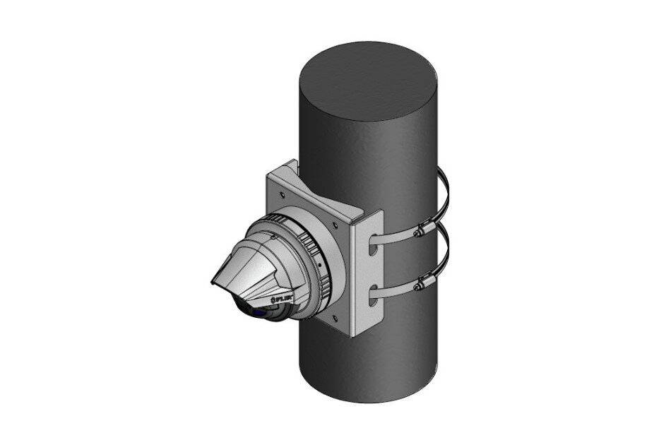 3D-Darstellung einer zylindrischen Rohrschelle mit einer konischen Düse oder Ventilbaugruppe, die seitlich montiert ist, in Grau auf weißem Hintergrund dargestellt.
