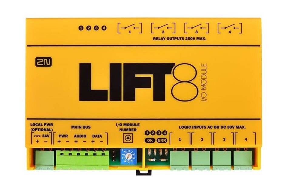 Gelbes 2N Lift8 E/A-Modul mit Relaisausgängen und lokaler Stromversorgung, zeigt beschrifteten Hauptbus, Eingänge 1-4 und Klemmenblöcke für die Verdrahtung.