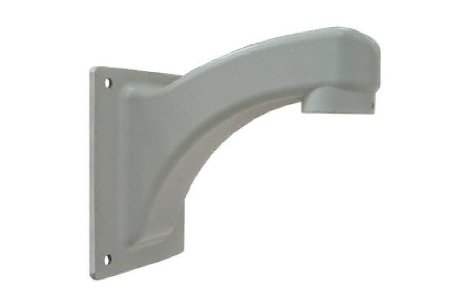 Eine gebogene, graue Kunststoff-Handlaufhalterung für Wandmontage, die drei Schraubenlöcher an der flachen Basis für eine sichere Befestigung aufweist.