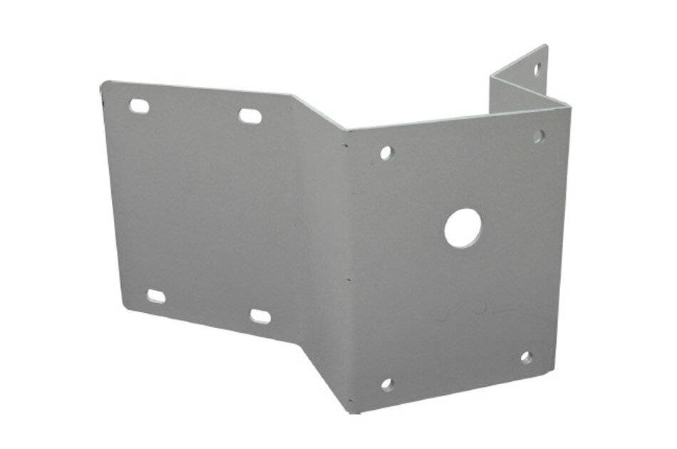 Graues Metallmontageset mit mehreren Schraubenlöchern, dargestellt auf weißem Hintergrund.