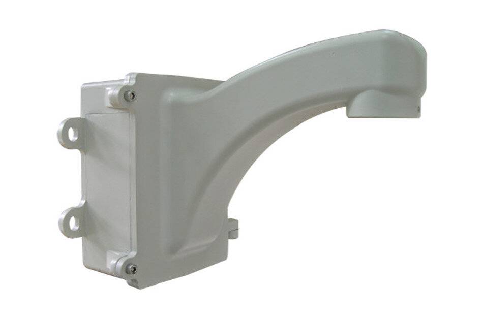 Graue Metallwandhalterung oder -arm mit gebogenem Überhang, isoliert auf weißem Hintergrund dargestellt.