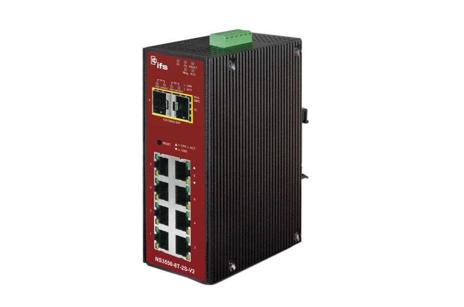 Industrie-Ethernet-Switch mit rotem Frontpanel, acht Netzwerk-Ports, Status-LEDs und schwarzem geripptem Metallgehäuse auf weißem Hintergrund