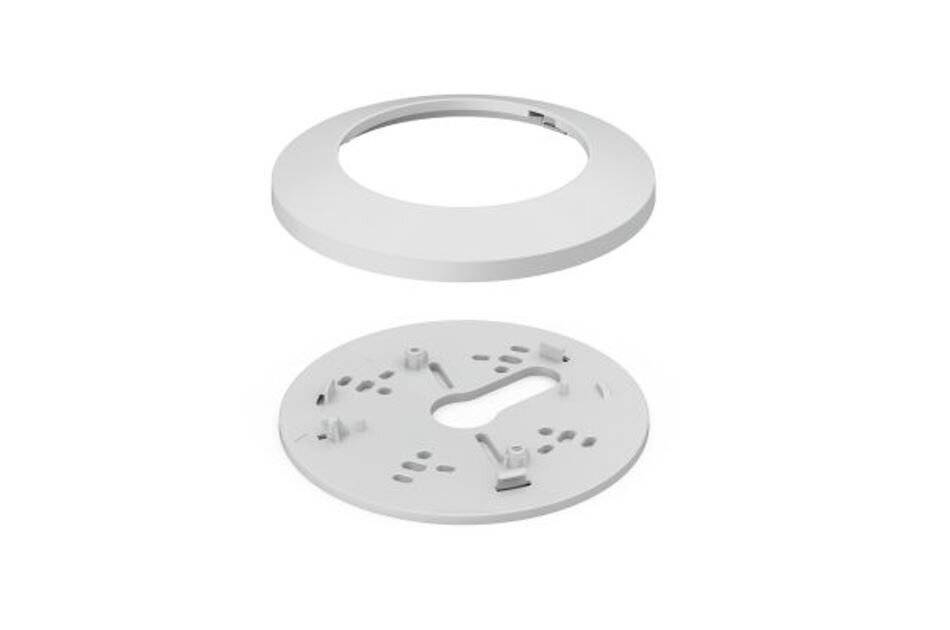 Explosionszeichnung einer runden weißen Deckenmontageplatte oder Vorrichtungsabdeckung mit einem oberen Ring und einer Basisplatte mit Ausschnitten und Befestigungspunkten.