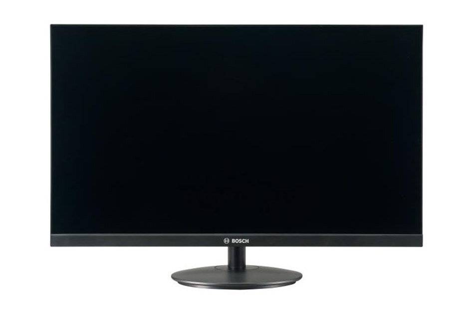 Vorderansicht eines schwarzen Bosch-Flachbildschirms mit leerem Display und rundem Sockelfuß auf weißem Hintergrund.