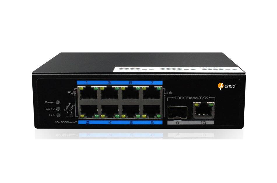Vorderansicht eines Eneo-Netzwerk-Switches mit mehreren Ethernet-Anschlüssen, PoE-Bezeichnungen und Status-LEDs auf weißem Hintergrund.
