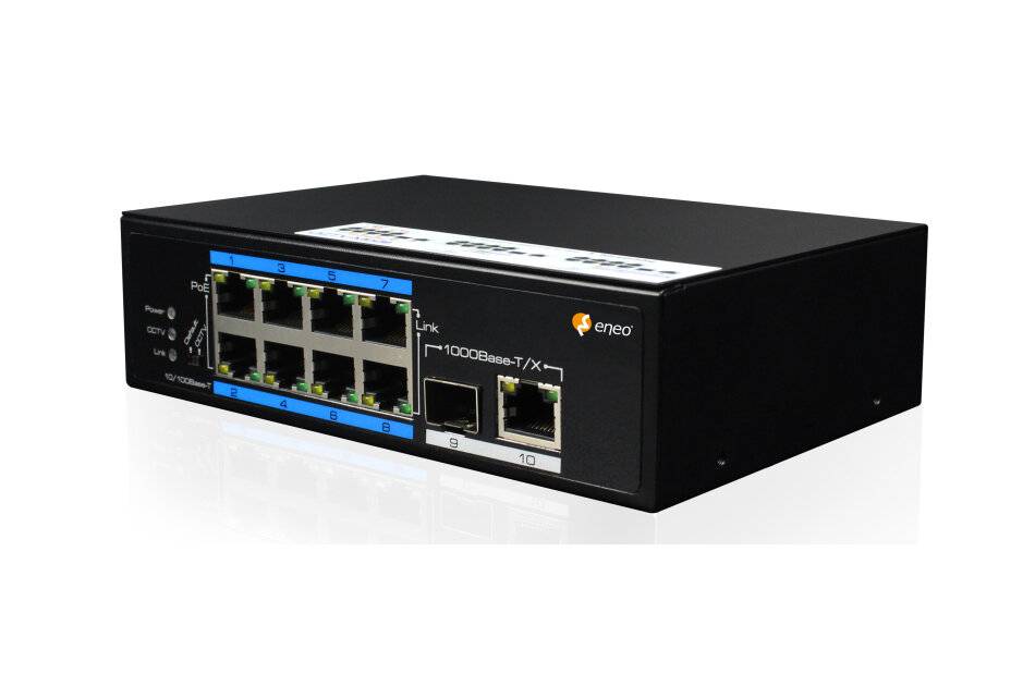 Schwarzer Ethernet-Netzwerk-Switch mit mehreren RJ45-Anschlüssen und zwei beschrifteten Gigabit-Uplink-Ports auf der Frontplatte.