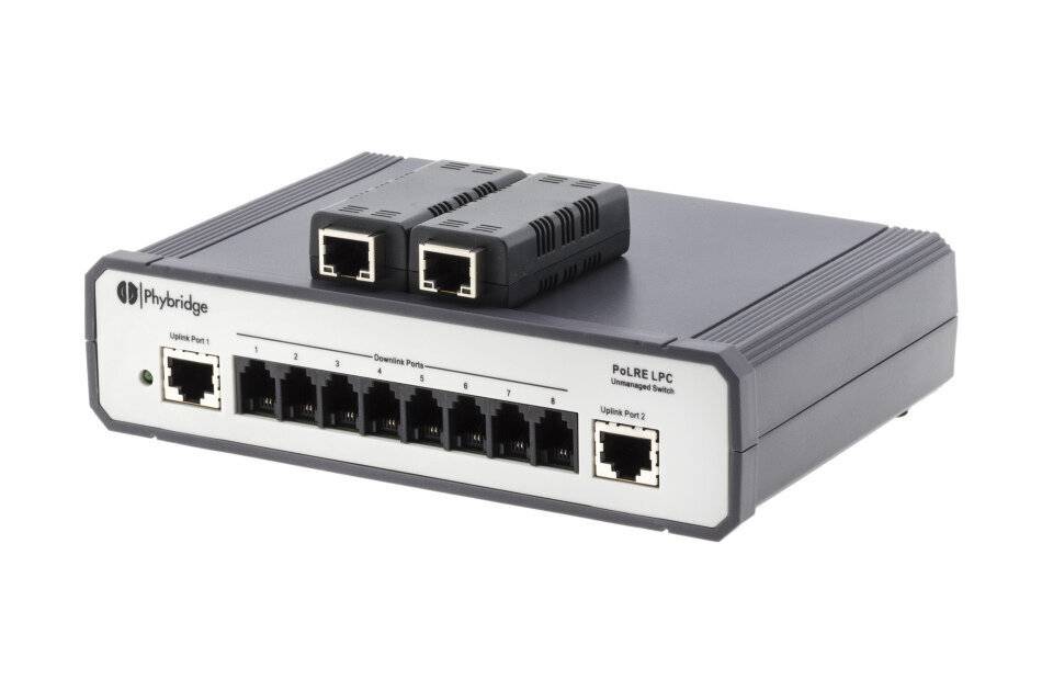2N NVT Phybridge PL-08 Switch, PoLRE LPC Switch, 8 Port, 10 Mbit/s., 2x 10/100 Base Uplink, 2x Phylink Adapter