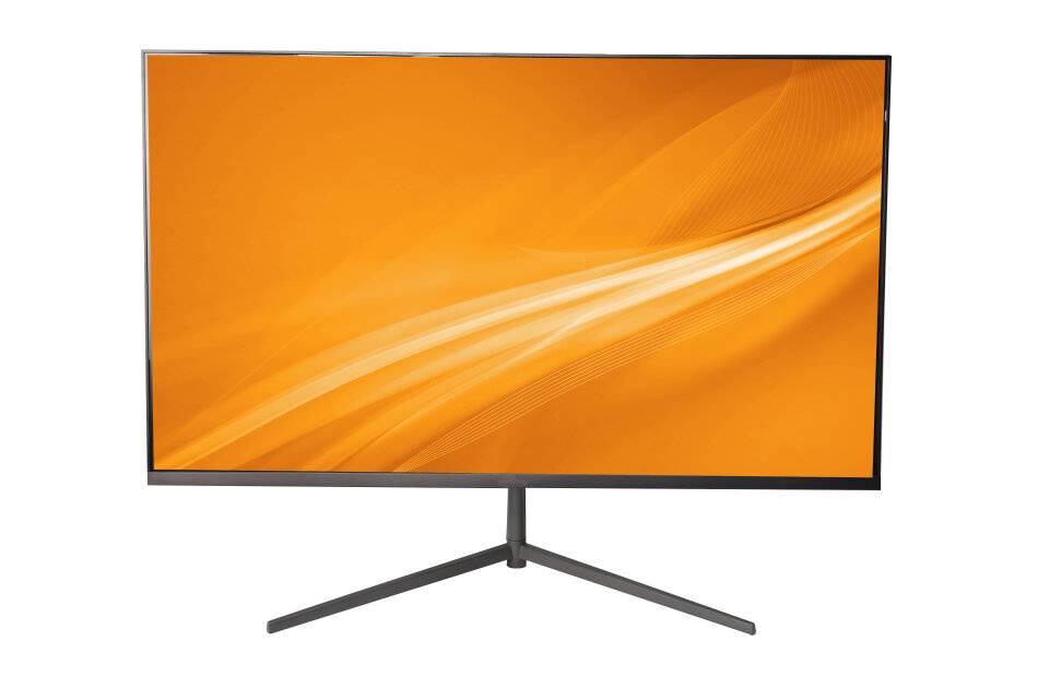 Ein Flachbildschirm-Monitor mit dunklem Rahmen und Stativständer, auf dem ein orangefarbener abstrakter Wellenhintergrund angezeigt wird.