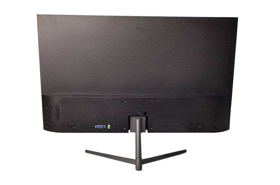 Rückansicht eines schwarzen Desktop-Monitors auf einem Ständer, zeigt Anschlüsse und Kabelverbindungen entlang der unteren Kante.