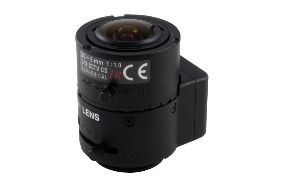 Kompakte schwarze CCTV-Kameraobjektiv mit verstellbarem Fokussierring, beschriftet mit 
