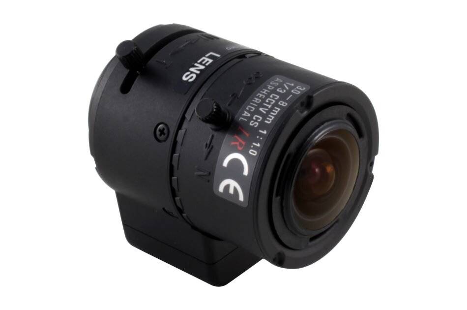 Schwarzes CCTV-Kameralinsenmodul auf weißem Hintergrund, beschriftet mit „LENS" und „CE"".