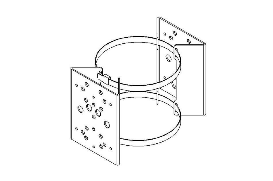 Technische Linienzeichnung einer kreisförmigen Metallhalterung oder Klemmeneinheit mit zwei perforierten Montagebrackets und einer ringförmigen Mittelstütze.