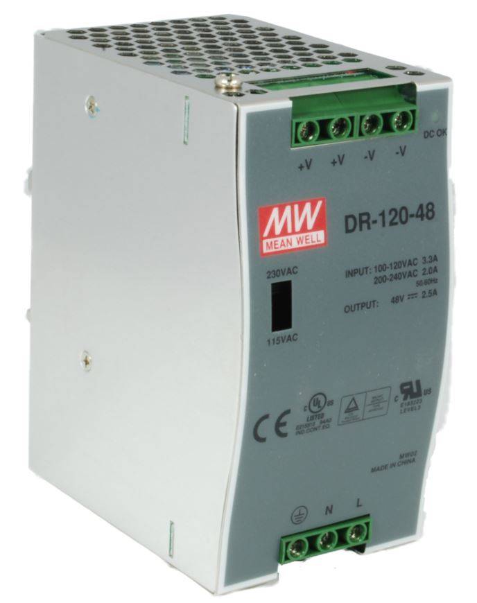 Mean Well DR-120-48 Metallnetzteil mit belüftetem Deckel, vorderen Anschlüssen und Beschriftungen für 48V DC-Ausgang und AC-Eingang.