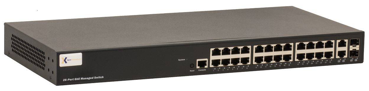 Rack-montierter Netzwerk-Switch mit 24 Ethernet-Ports und Statusanzeigen-LEDs auf der Frontplatte.