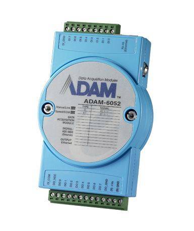 Datenerfassungsmodul mit der Bezeichnung 'ADAM-6052' in blauem Gehäuse, das Statusindikatoren und Anschlussports an den Seiten zeigt.