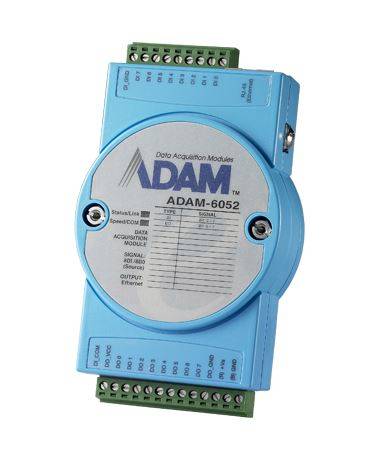 Blaues ADAM-6052-Datenerfassungsmodul mit grünen Anschlussblöcken und Frontbeschriftung, dargestellt auf weißem Hintergrund.