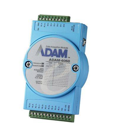 Blaues ADAM-6060-Datenerfassungsmodul mit Anschlussklemmen und beschrifteter Frontplatte auf weißem Hintergrund.