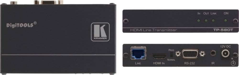 Kramer HDMI-Leitungssender mit beschrifteten Eingangsbuchsen für 'Line' und 'HDMI In' auf einem kompakten schwarzen Gerät.