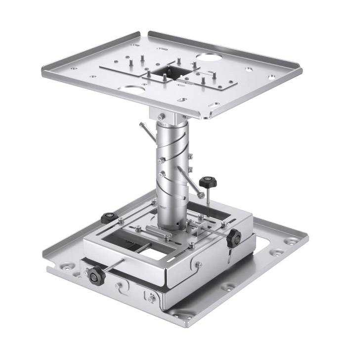 Verstellbare Metallmontageklammer mit einem zentralen Gewindestift, der zwei quadratische Platten verbindet, dargestellt in einer produktstilisierten Ansicht auf weißem Hintergrund.