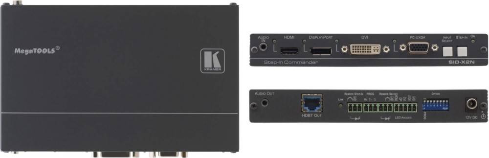 Kramer Step-In Commander Gerät mit HDMI- und Audio-Ein-/Ausgängen, bei dem der Modellname und das Logo angezeigt werden.