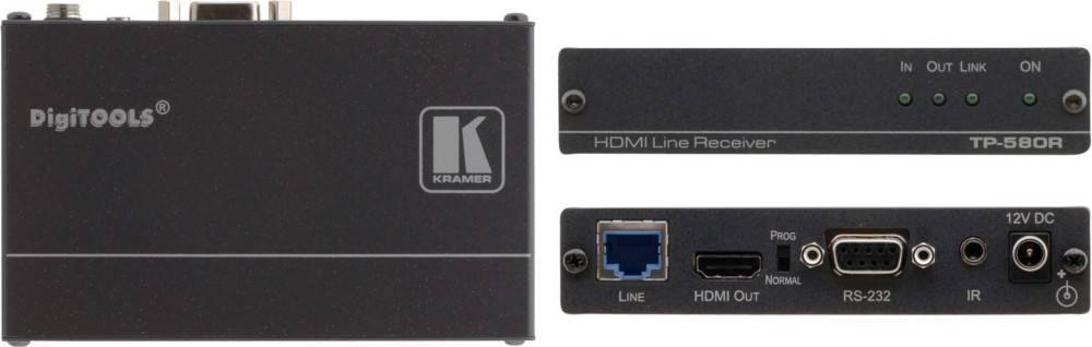 Nahaufnahme eines Kramer HDMI Line Receivers mit seinen Anschlüssen und Logo.