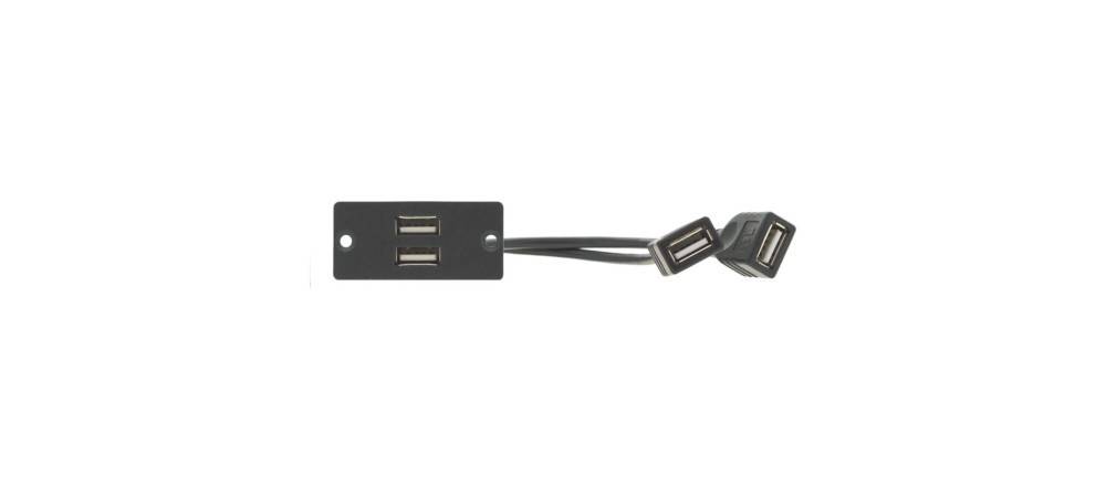 Ein schwarzes Panel mit zwei USB-Anschlüssen und zwei angeschlossenen USB-Kabeln, zum Anschließen oder Erweitern von USB-Geräten.