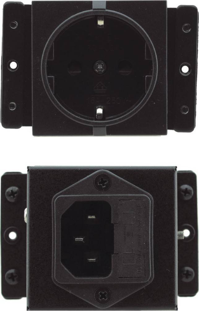Zwei schwarze Steckdosen, eine über der anderen. Die obere Steckdose ist rund; die untere hat eine rechteckige Form mit drei Stiften.