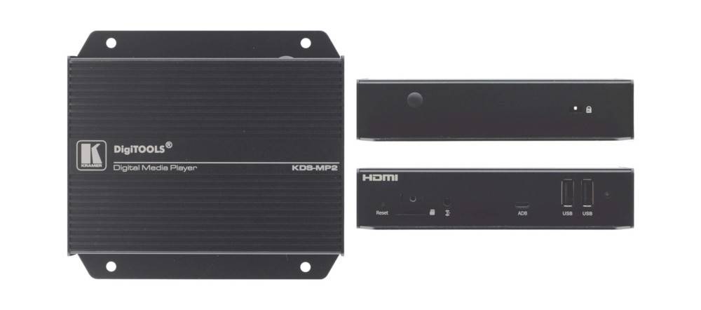 Ein schwarzes KD8-MP2 HDMI-Modul mit Anschlüssen für Konnektivität und einem Rücksetzknopf. Das Design ist kompakt mit sichtbaren Befestigungslöchern.