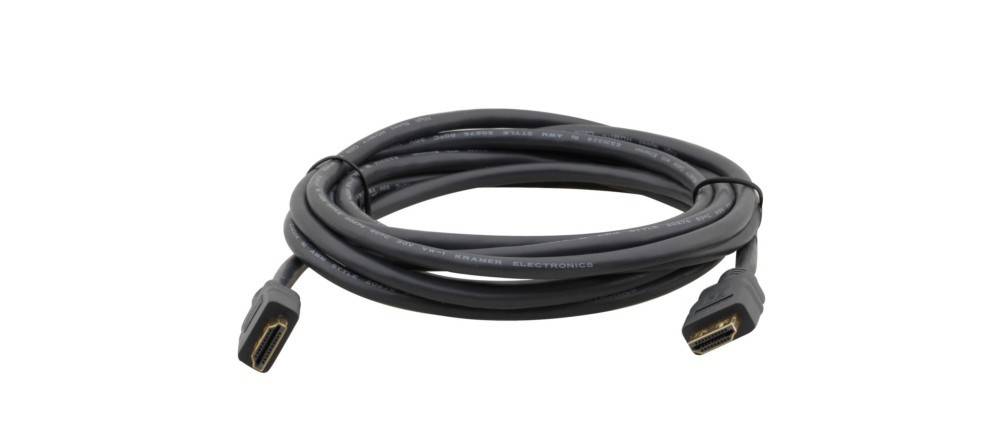 Ein aufgerolltes HDMI-Kabel mit vergoldeten Anschlüssen, das zur Übertragung von hochauflösendem Video und Audio zwischen Geräten verwendet wird.
