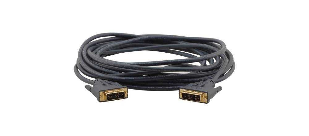 Ein gewickeltes, schwarzes DVI-Kabel mit goldenen Anschlüssen an beiden Enden, das zum Anschließen digitaler Displays an Computer oder andere Geräte verwendet wird.