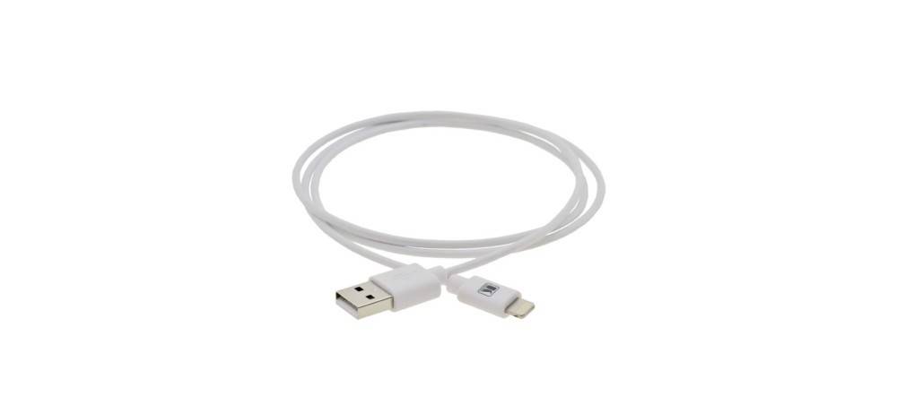 Ein weißes USB-zu-Lightning-Kabel, das zu einem Kreis aufgewickelt ist.