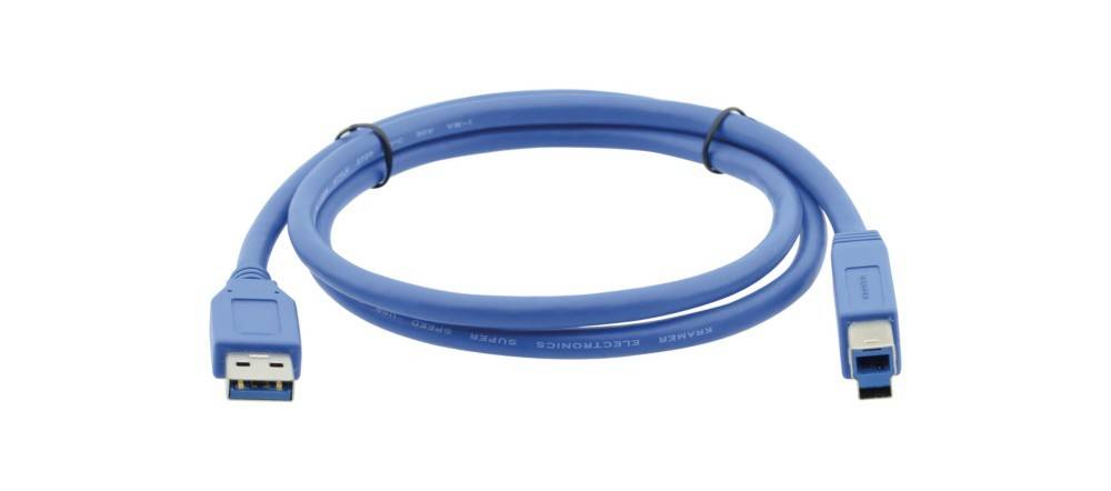 Ein blau-farbenes Ethernet-Kabel, das in einem Kreis geschlungen ist, wobei entlang seiner Länge der gedruckte Text 